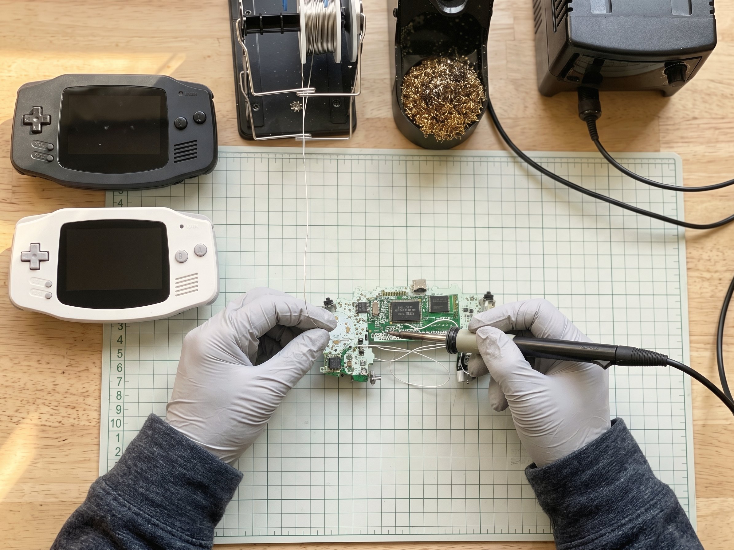 ゲーム機の基板をはんだごてで直す手元(イメージ)